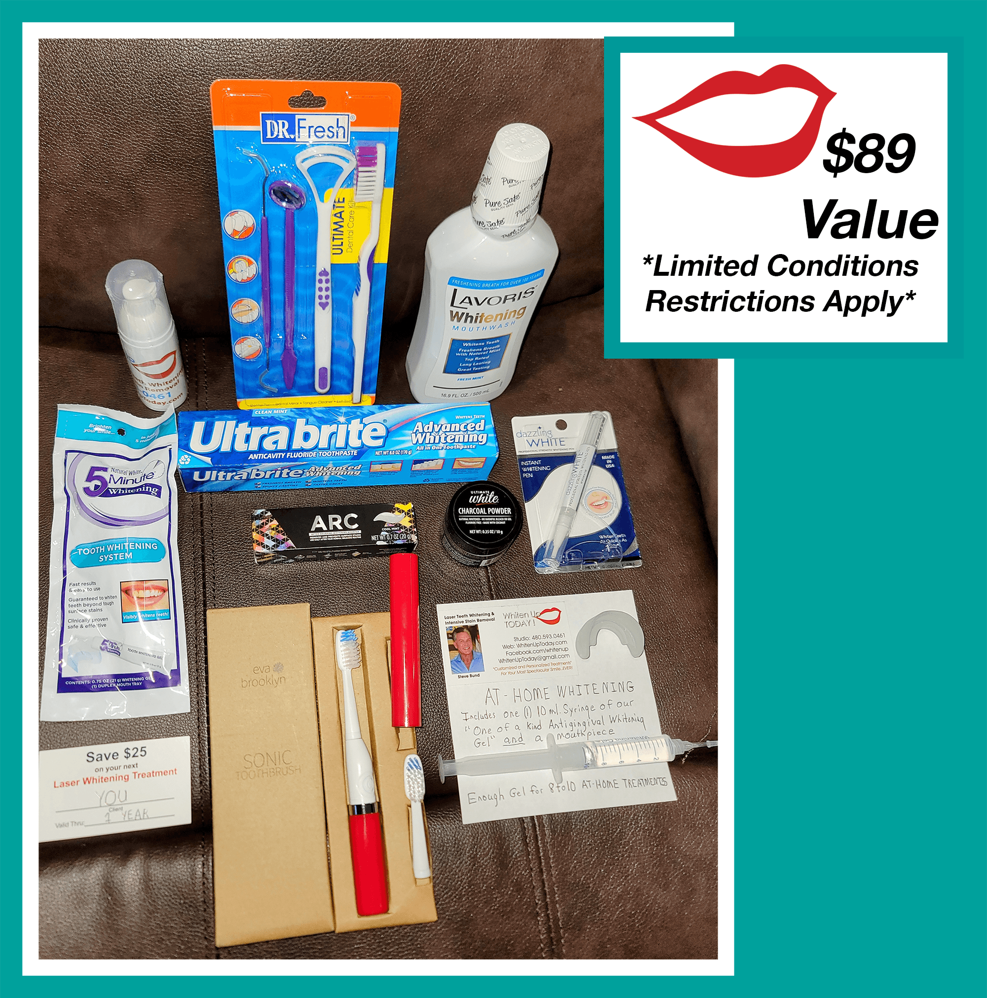 Image of 10 free items given with initial booking. Slim sonic electric toothbrush and various other oral care items.